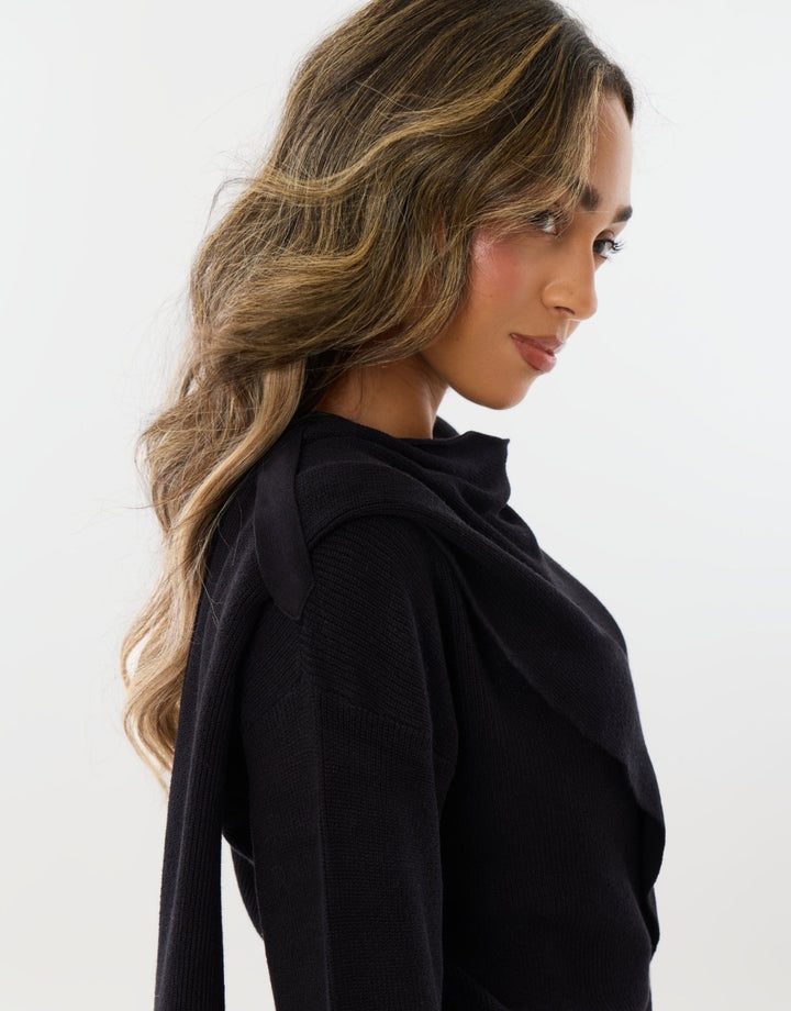 Threadbare Scarf Detail Wrap Jumper in Black - side close up