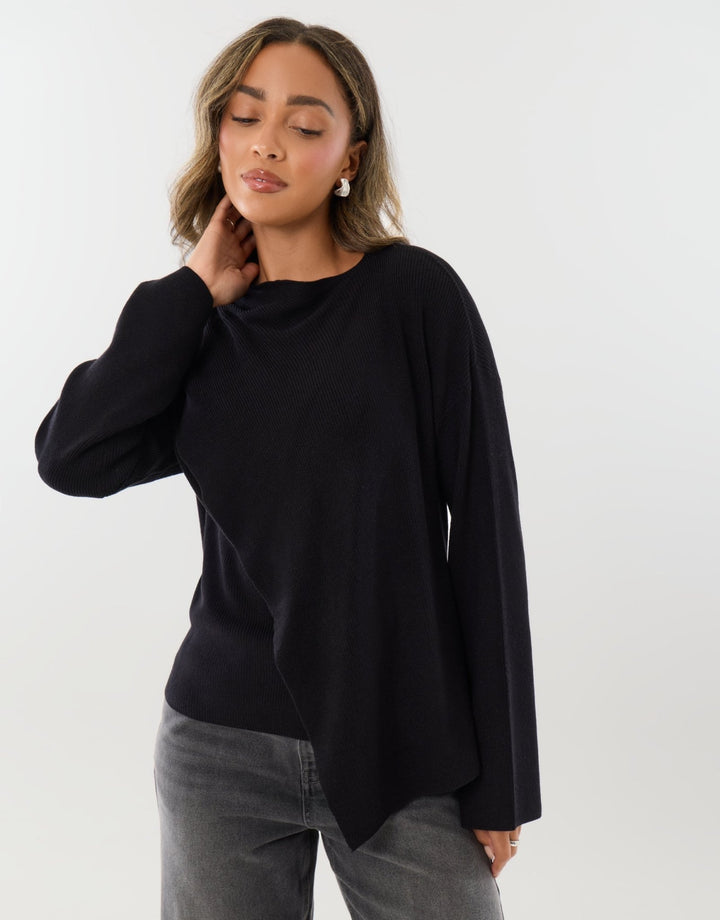 Threadbare Scarf Detail Wrap Jumper in Black - front view