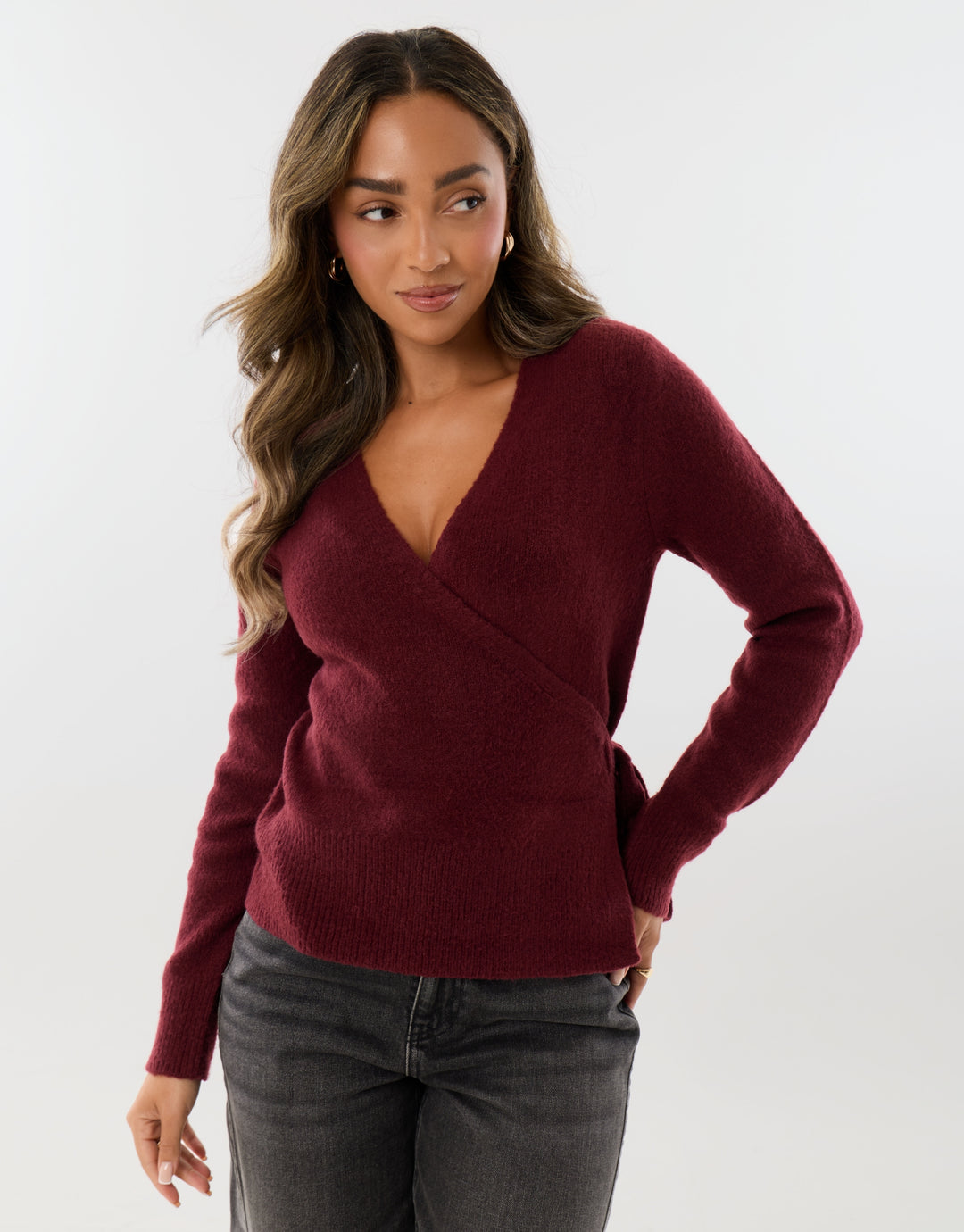 V Neck Wrap Cardigan in Burgundy