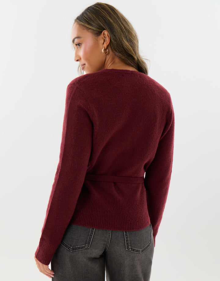 V Neck Wrap Cardigan in Burgundy