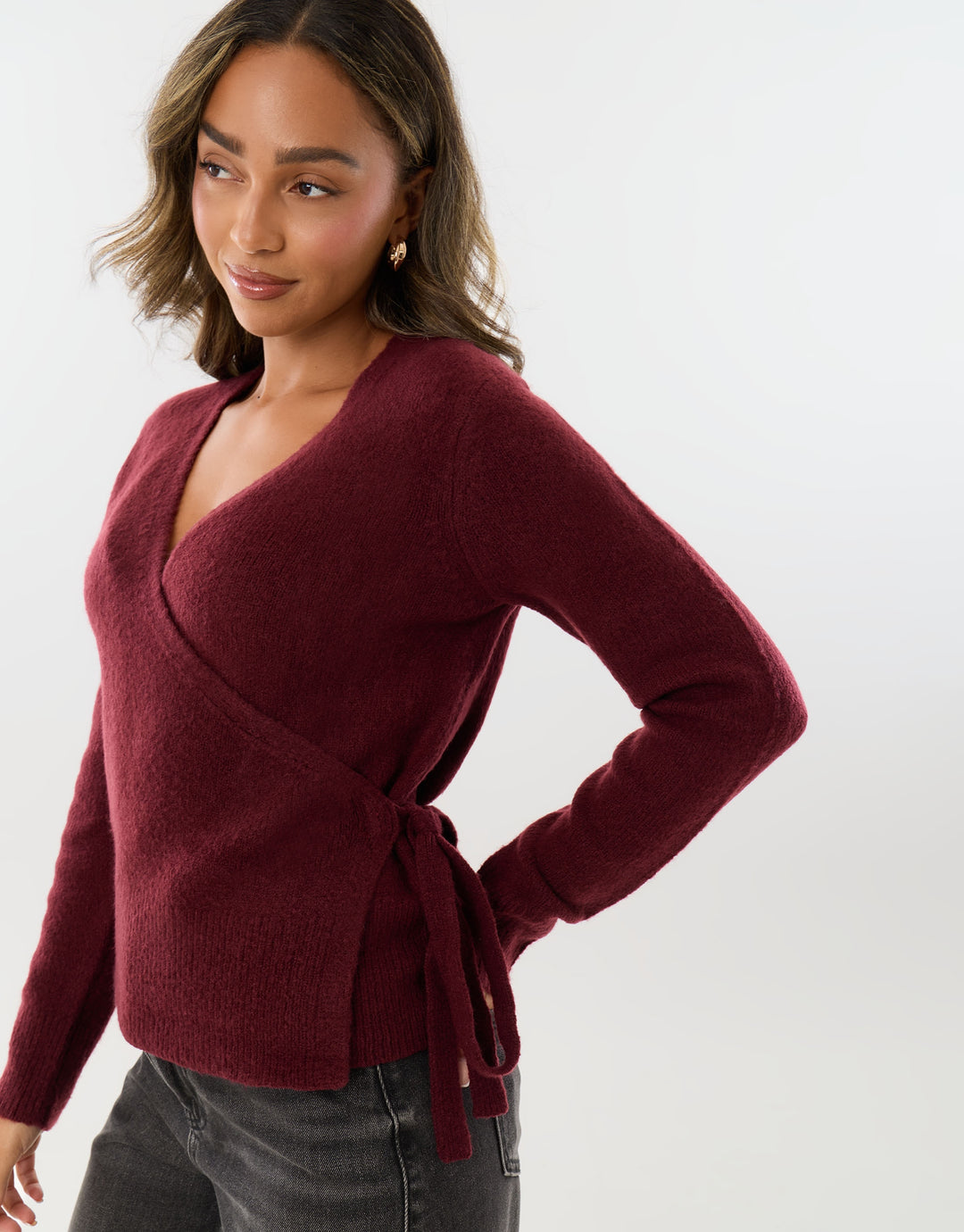 V Neck Wrap Cardigan in Burgundy
