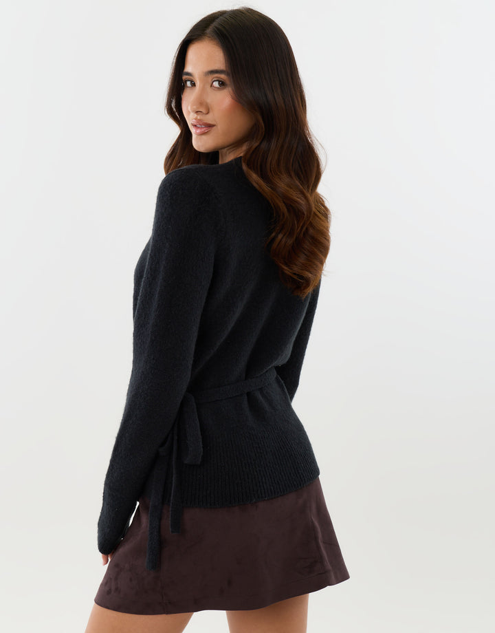 V Neck Wrap Cardigan in Black