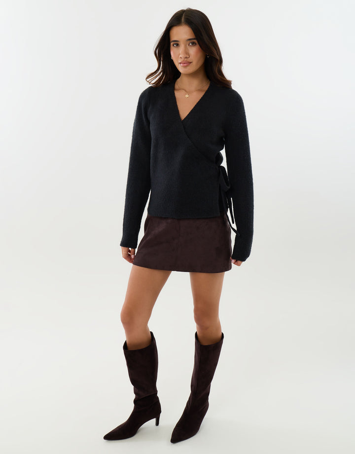 V Neck Wrap Cardigan in Black