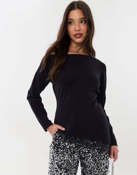 Threadbare Lace Hem Slash Neck Jumper in Black - hand on hip view