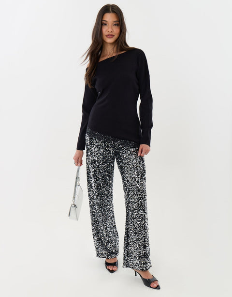 Threadbare Lace Hem Slash Neck Jumper in Black - full front view