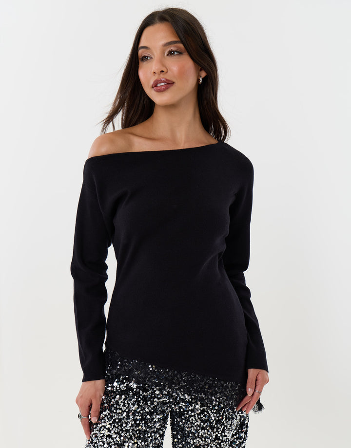 Threadbare Lace Hem Slash Neck Jumper in Black - front view