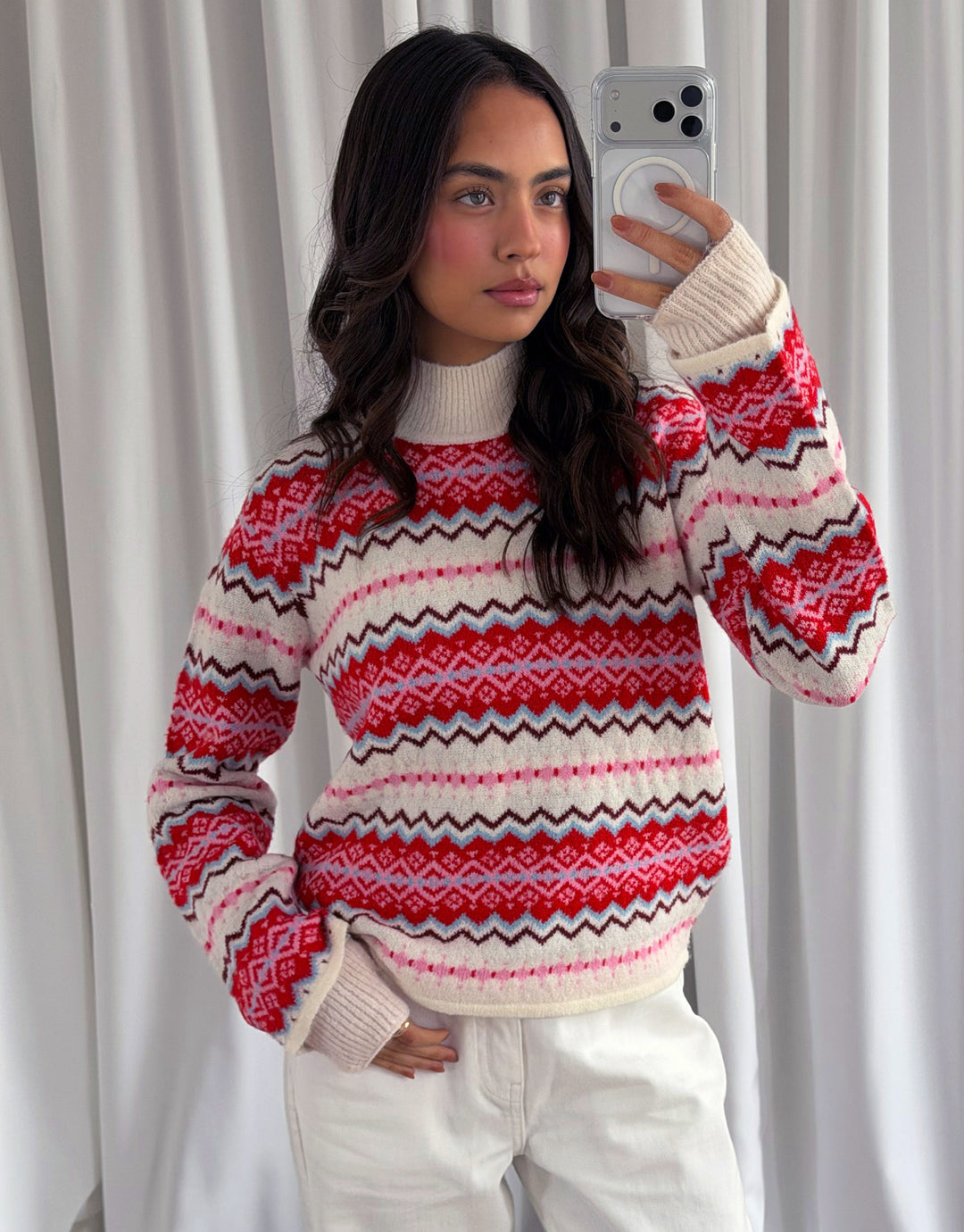 Fairisle Funnel Neck Christmas Jumper in Red & Cream