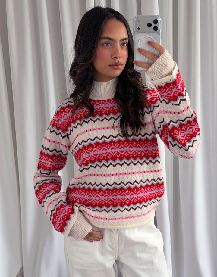 Fairisle Funnel Neck Christmas Jumper in Red & Cream
