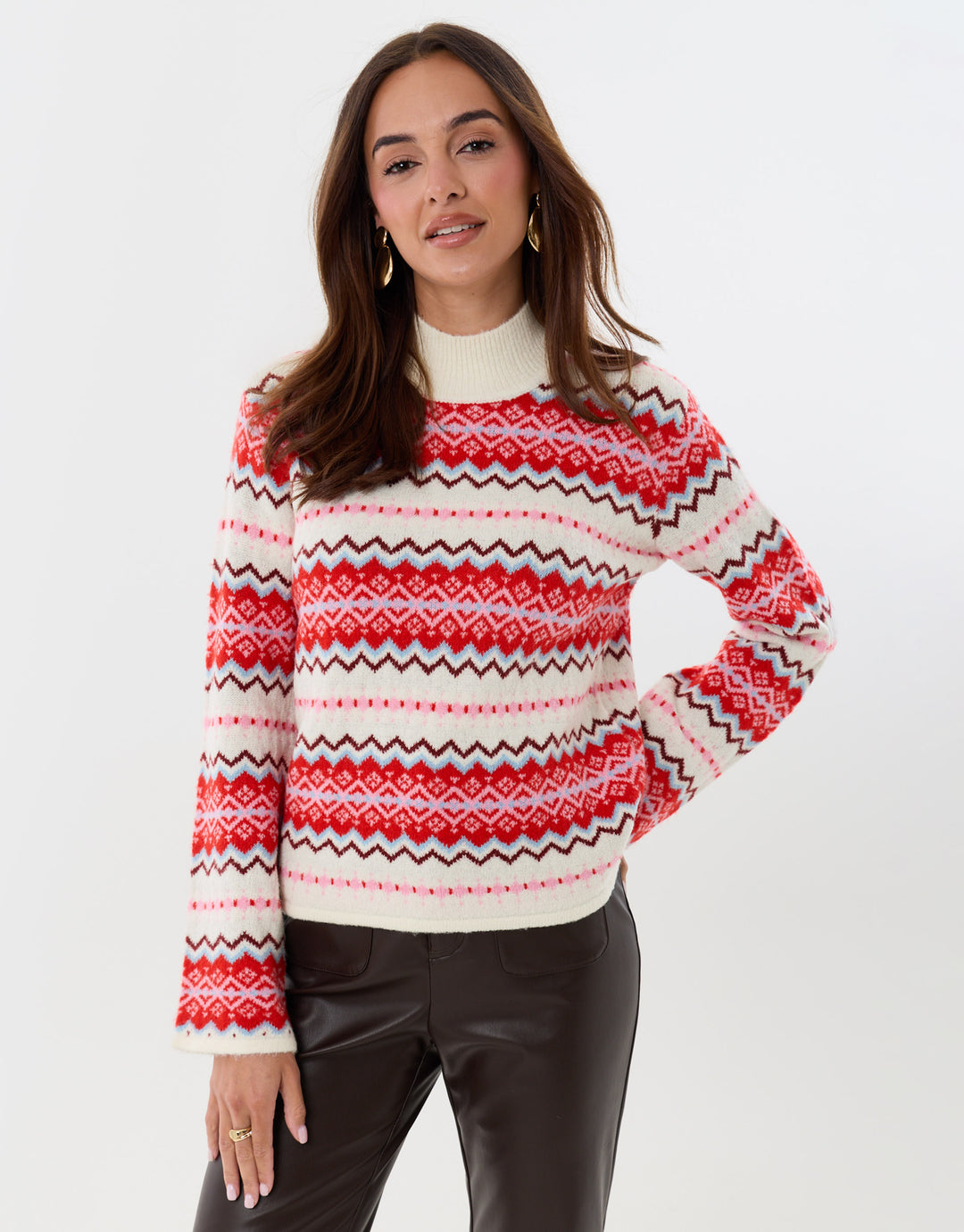 Fairisle Funnel Neck Christmas Jumper in Red & Cream