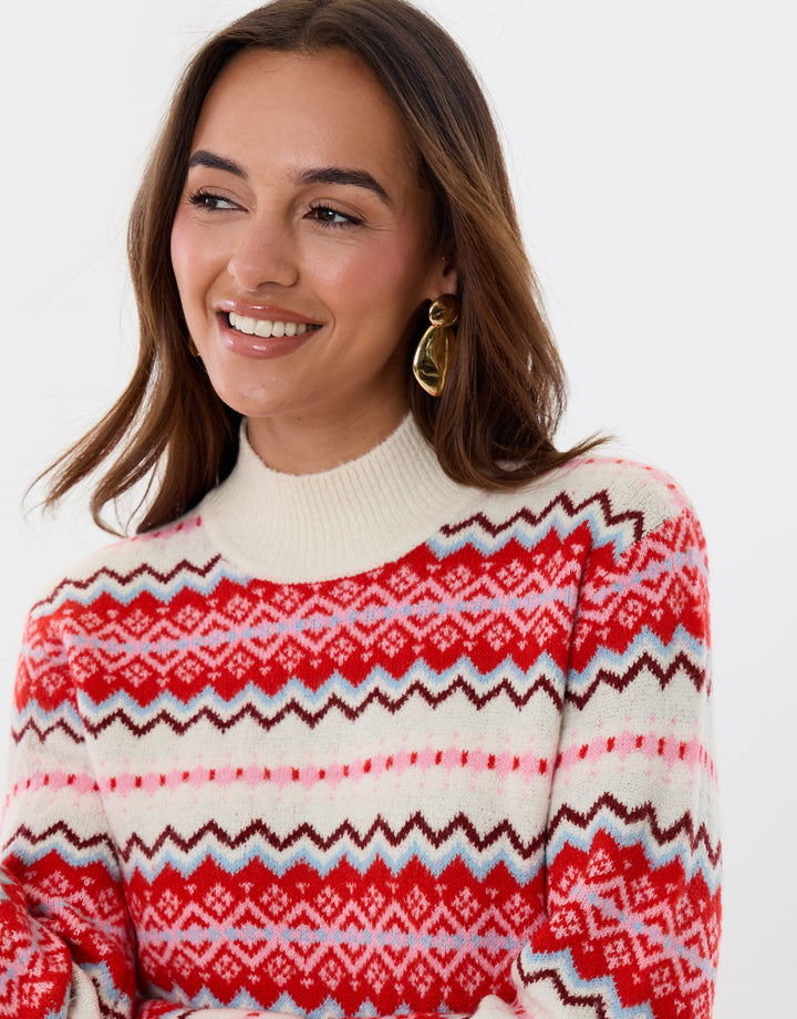 Fairisle Funnel Neck Christmas Jumper in Red & Cream