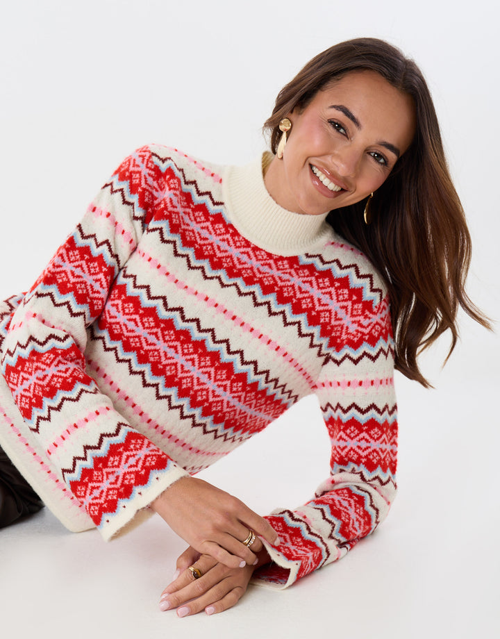 Fairisle Funnel Neck Christmas Jumper in Red & Cream