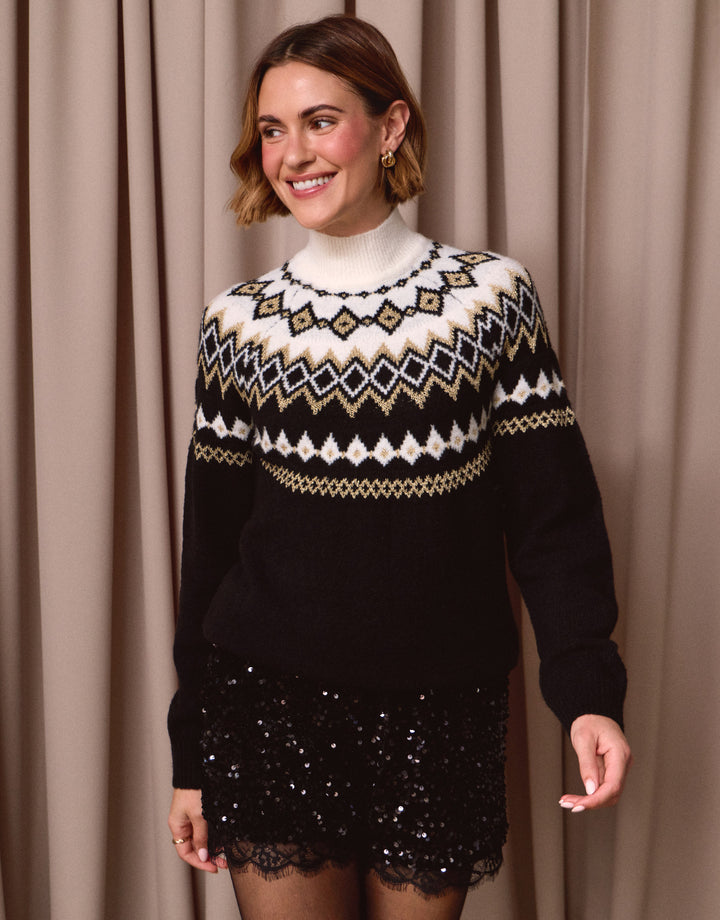 Fairisle Funnel Neck Christmas Jumper in Black & Cream