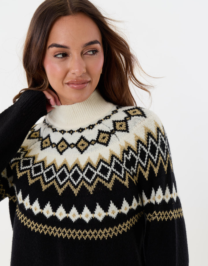 Fairisle Funnel Neck Christmas Jumper in Black & Cream