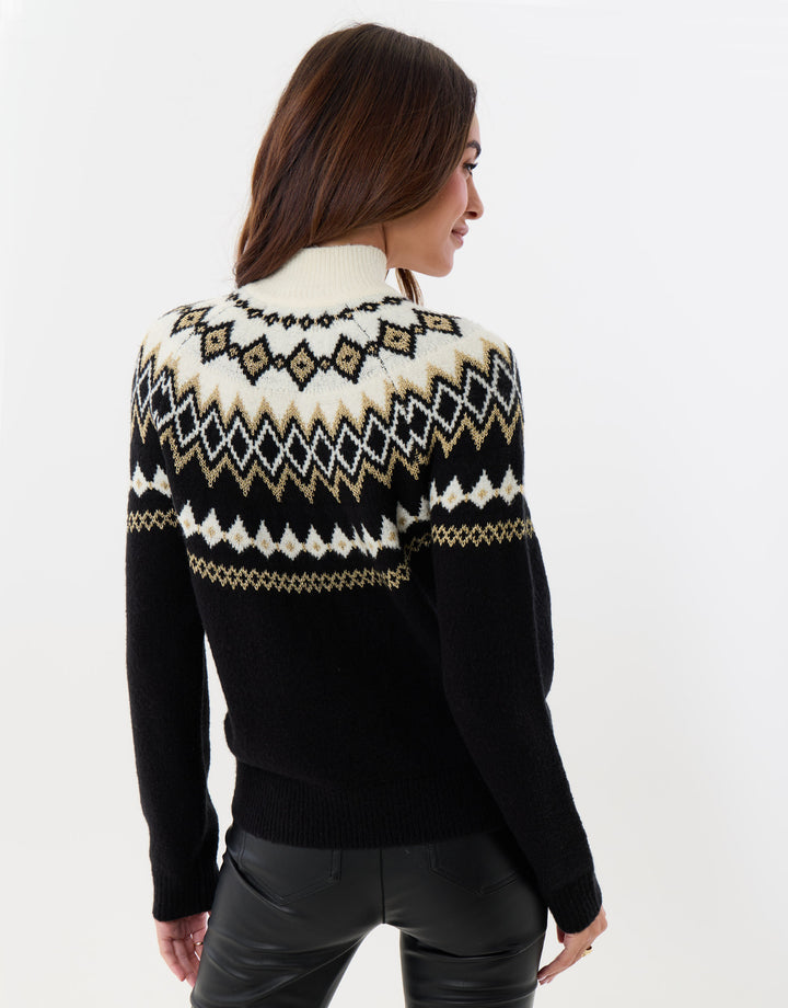 Fairisle Funnel Neck Christmas Jumper in Black & Cream