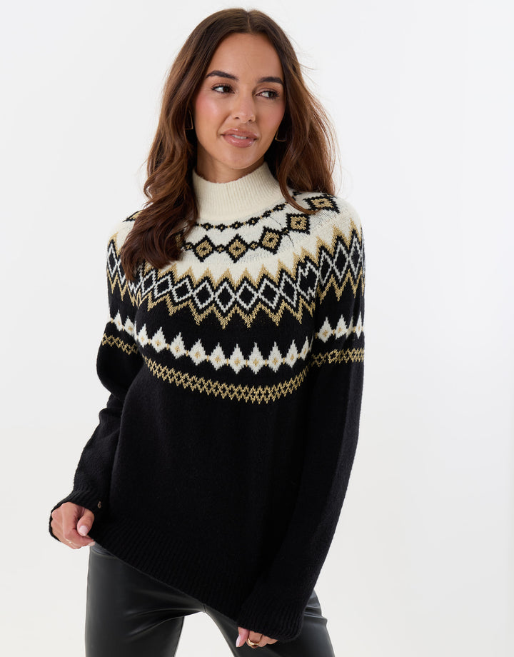 Fairisle Funnel Neck Christmas Jumper in Black & Cream