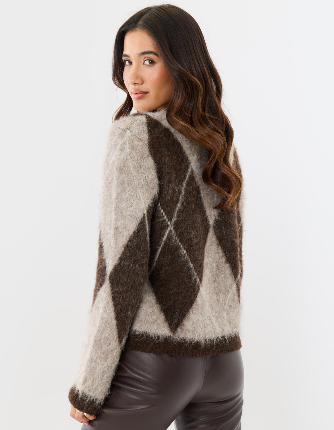 Threadbare Argyle Knitted Crew Neck Jumper in Beige - back view