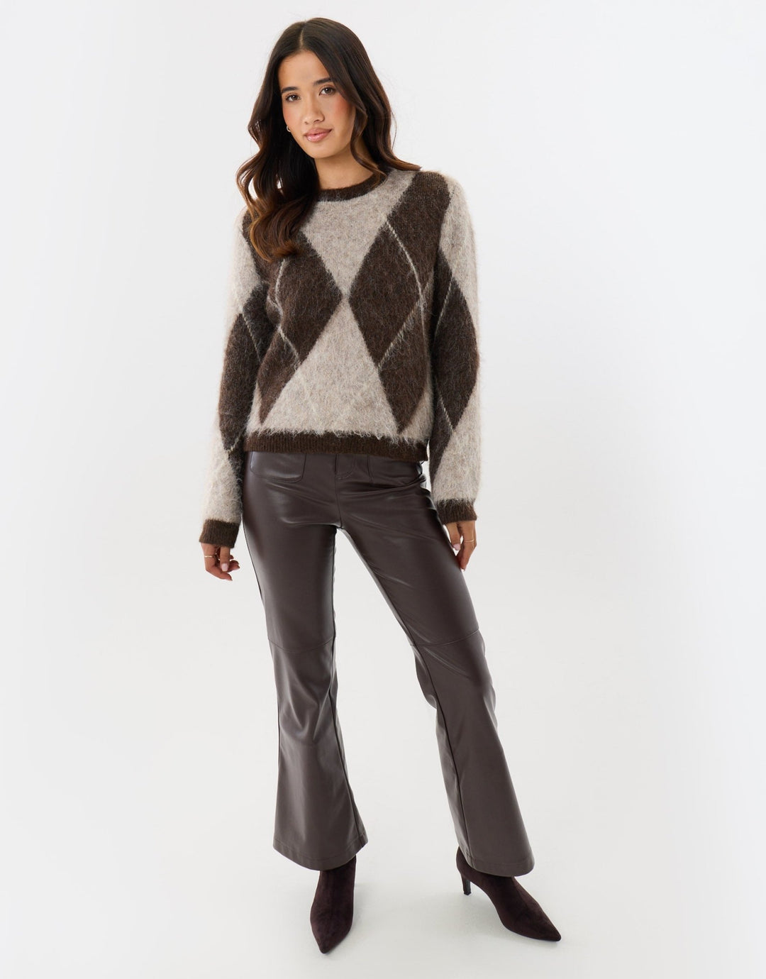 Threadbare Argyle Knitted Crew Neck Jumper in Beige - full view