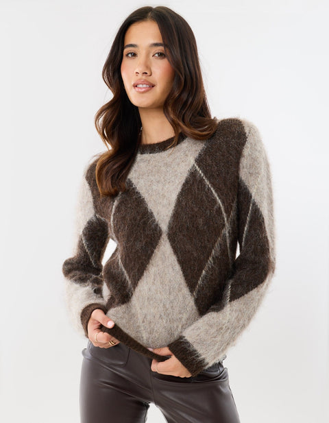 Threadbare Argyle Knitted Crew Neck Jumper in Beige - front view