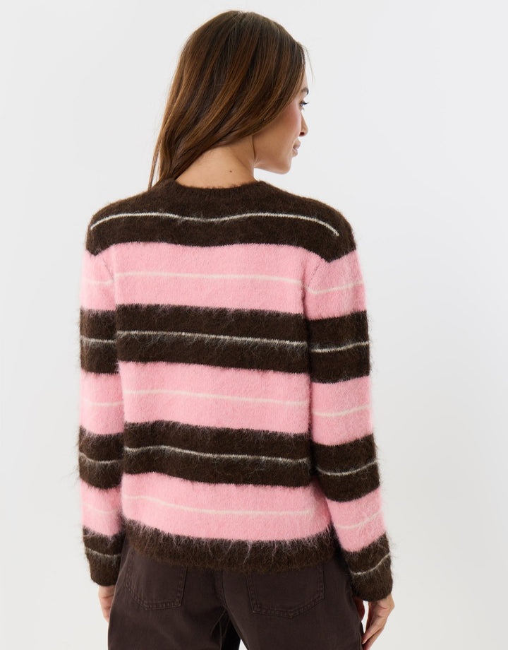 Wool Blend Brushed Knit Jumper in Chocolate Brown Stripe