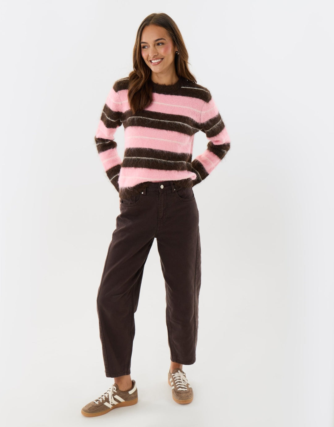 Wool Blend Brushed Knit Jumper in Chocolate Brown Stripe