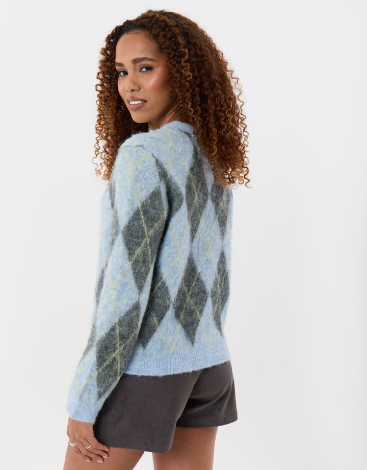 Argyle Crew Neck Jumper in Blue