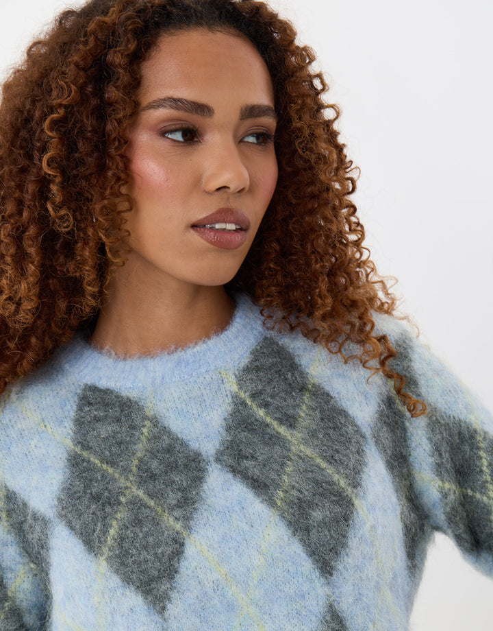 Argyle Crew Neck Jumper in Blue