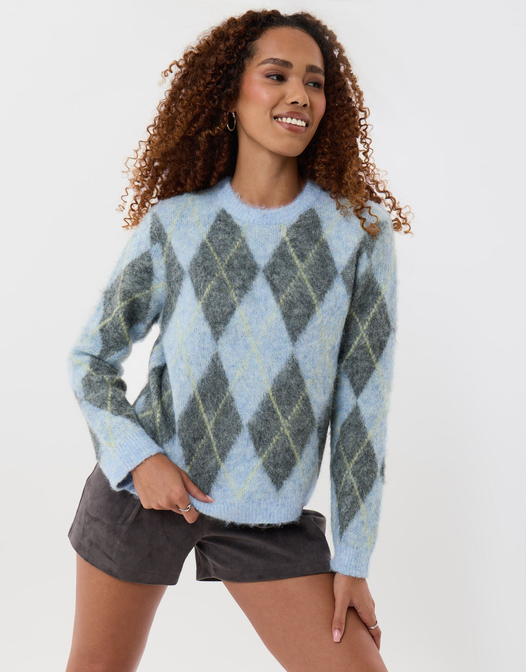 Argyle Crew Neck Jumper in Blue