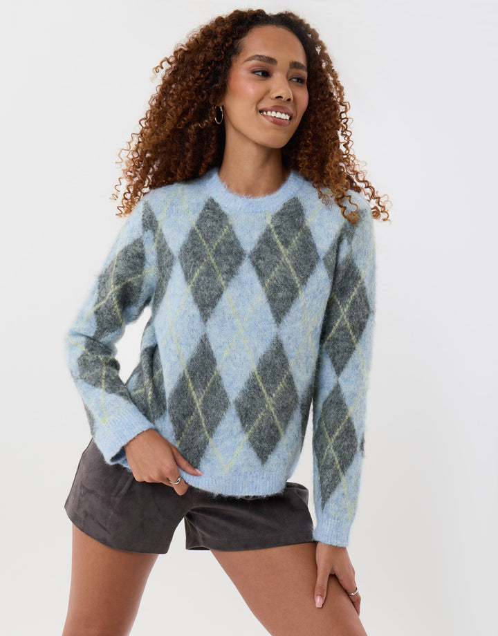 Argyle Crew Neck Jumper in Blue