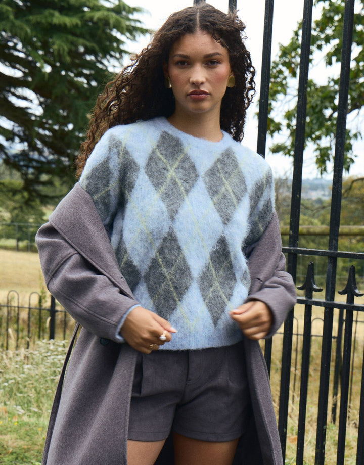 Argyle Crew Neck Jumper in Blue