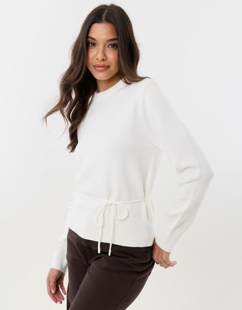 Threadbare Tie Detail Shoulder Pad Jumper in White -  front view