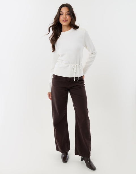 Threadbare Tie Detail Shoulder Pad Jumper in White - full view