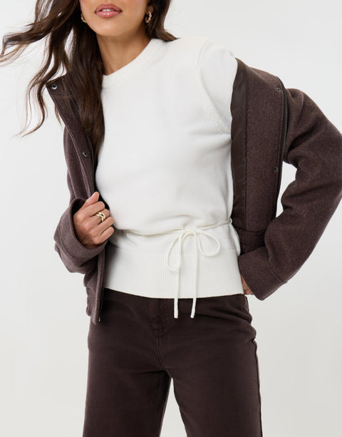 Threadbare Tie Detail Shoulder Pad Jumper in White - close up