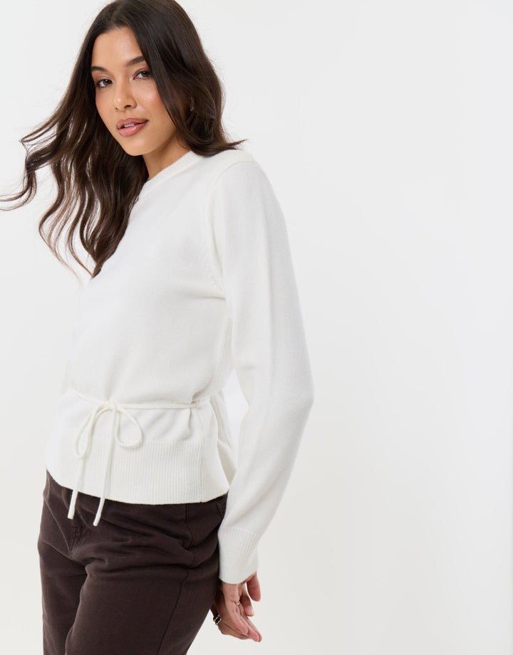 Tie Detail Shoulder Pad Jumper in White