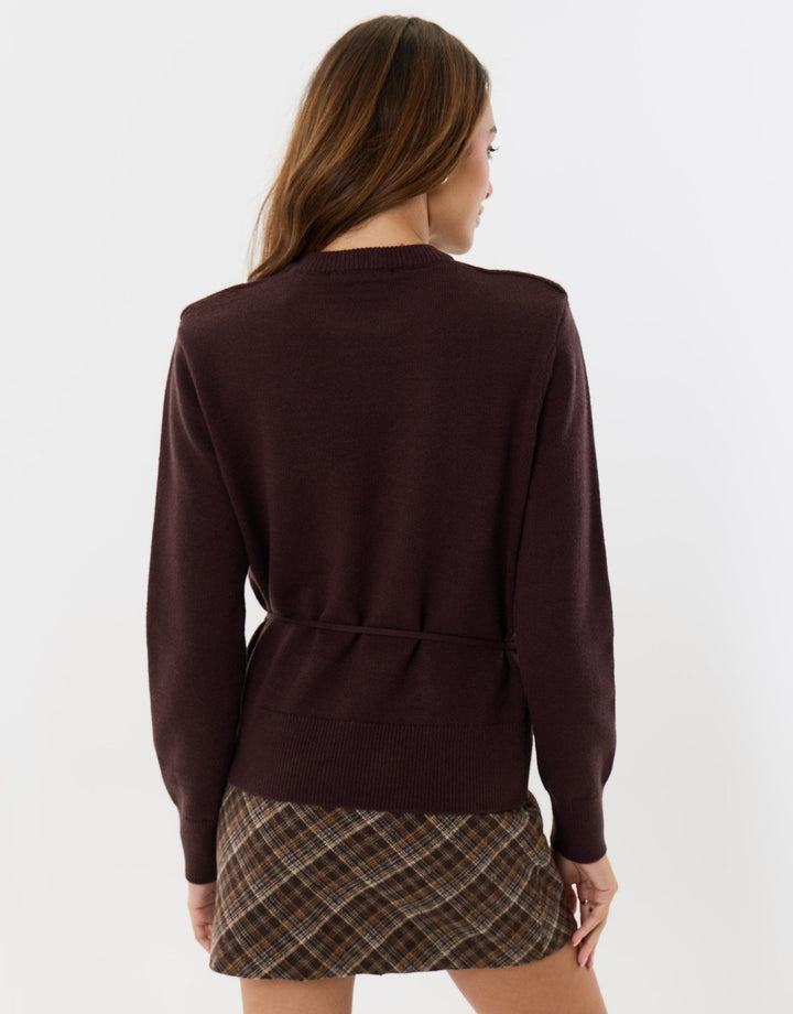 Threadbare Tie Detail Shoulder Pad Jumper in Chocolate Brown - back view