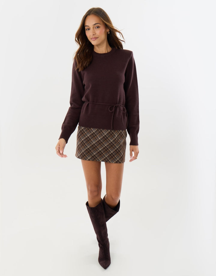 Threadbare Tie Detail Shoulder Pad Jumper in Chocolate Brown - full view