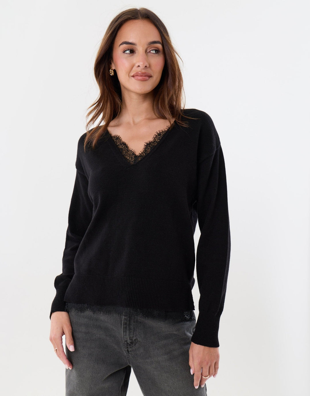 Threadbare Lace Detail V Neck Jumper in Black - front view
