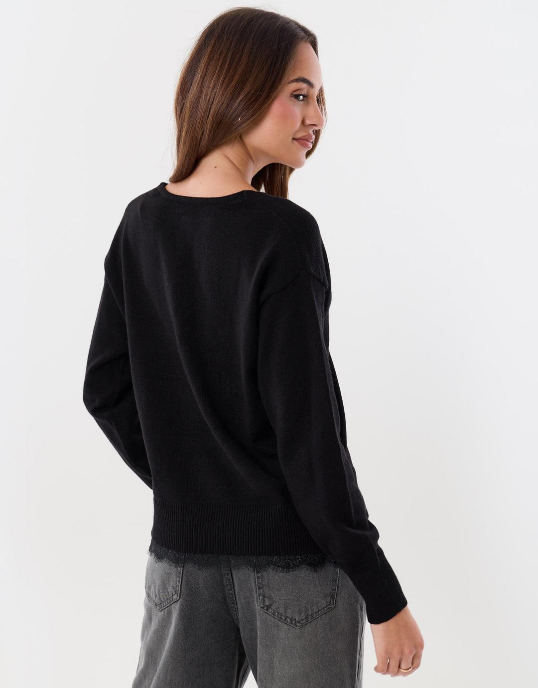 Threadbare Lace Detail V Neck Jumper in Black - back view