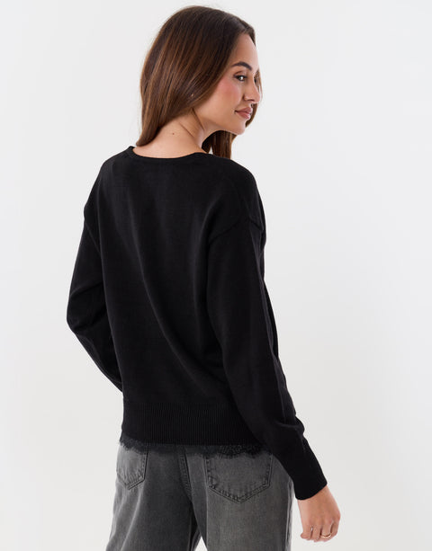 Threadbare Lace Detail V Neck Jumper in Black - back view