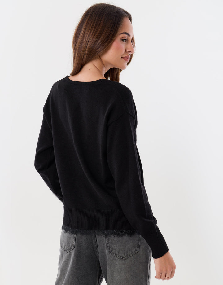 Threadbare Lace Detail V Neck Jumper in Black - back view