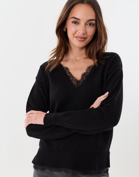 Threadbare Lace Detail V Neck Jumper in Black - crossed arms close up