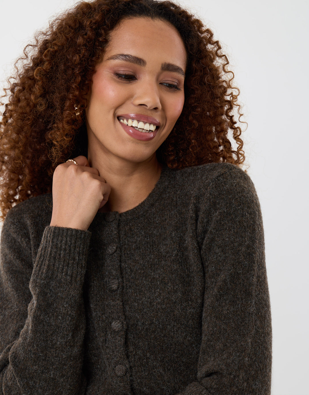 Threadbare Knitted Cardigan with Shoulder Pads in Chocolate Brown - close up