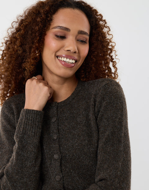 Threadbare Knitted Cardigan with Shoulder Pads in Chocolate Brown - close up