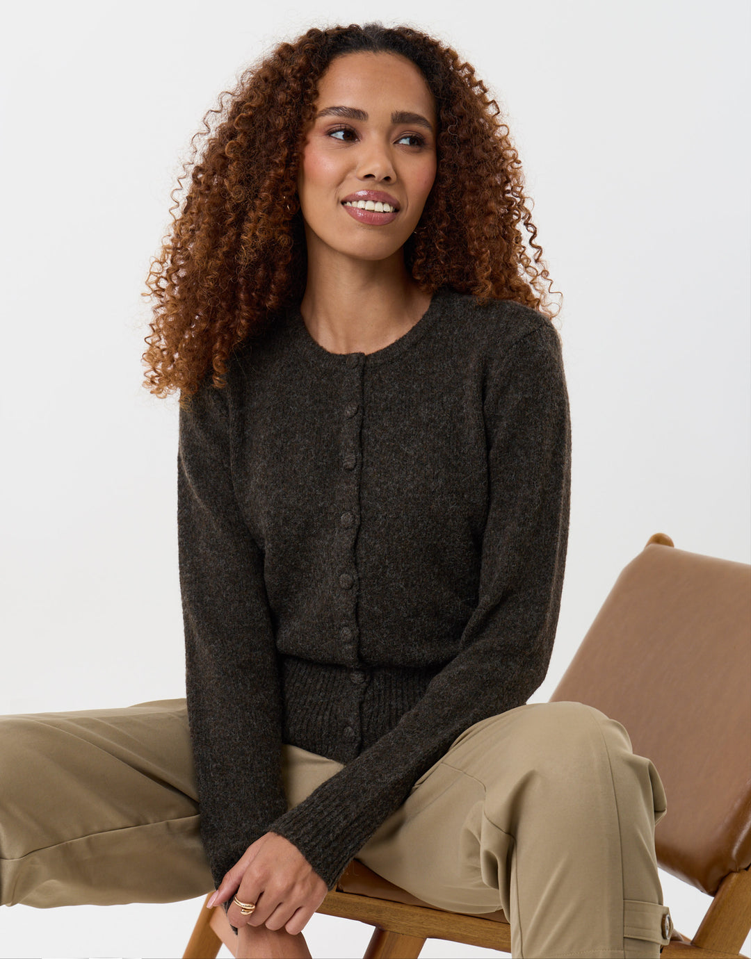 Threadbare Knitted Cardigan with Shoulder Pads in Chocolate Brown - sat down
