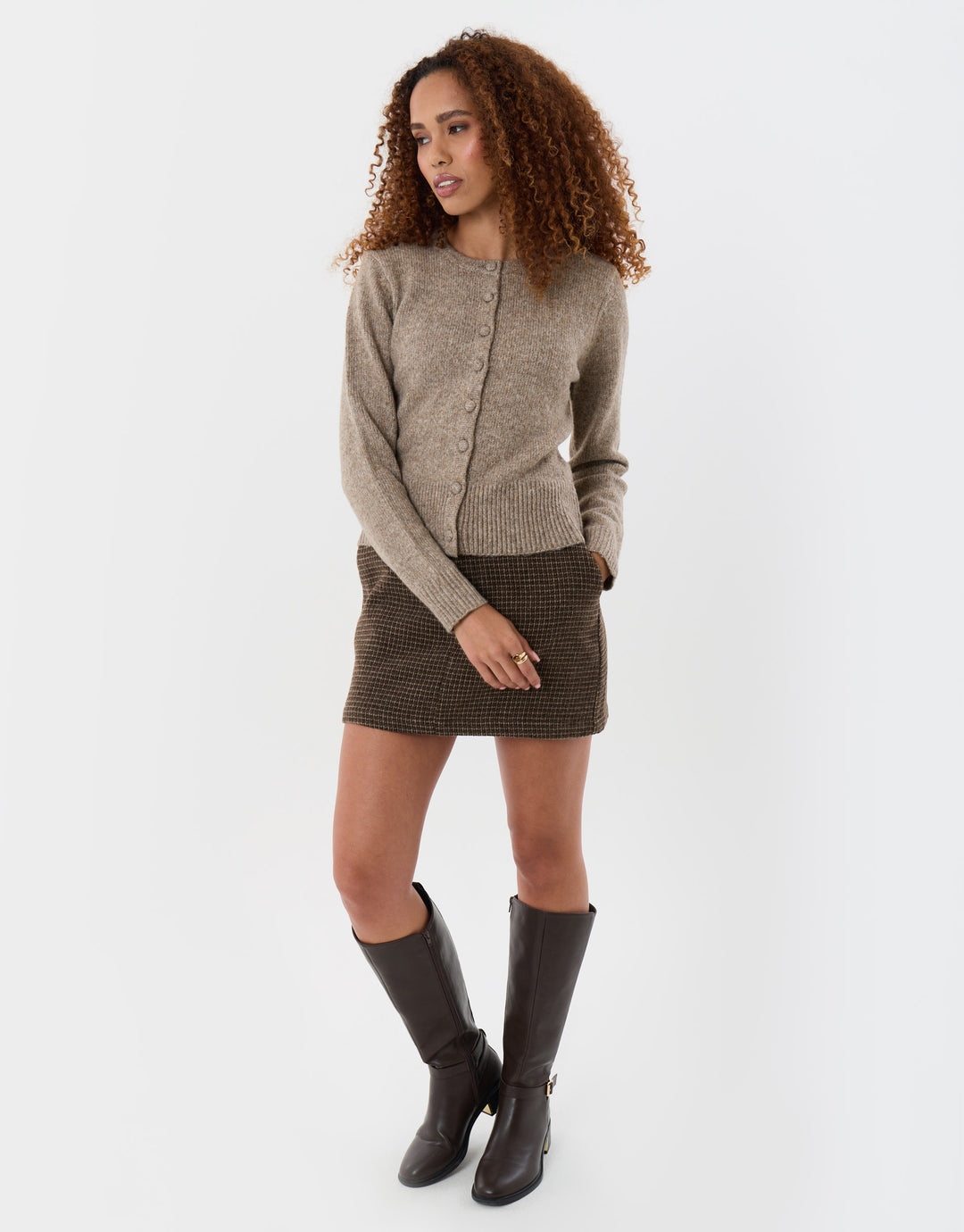 Knitted Cardigan with Shoulder Pads in Beige
