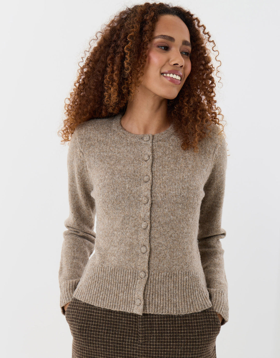 Knitted Cardigan with Shoulder Pads in Beige