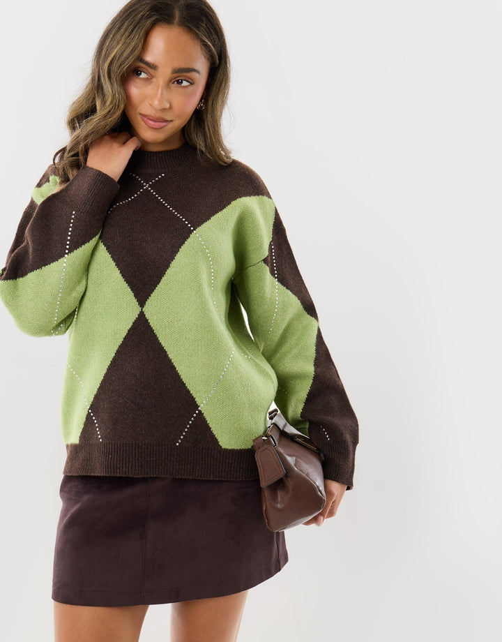 Diamanté Embellished Argyle Knitted Jumper in Green