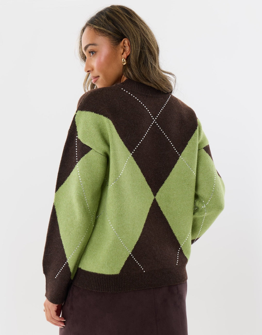 Diamanté Embellished Argyle Knitted Jumper in Green