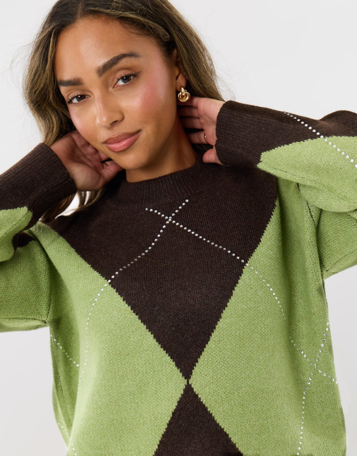 Diamanté Embellished Argyle Knitted Jumper in Green