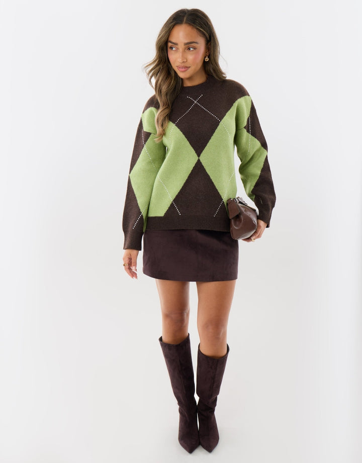 Diamanté Embellished Argyle Knitted Jumper in Green