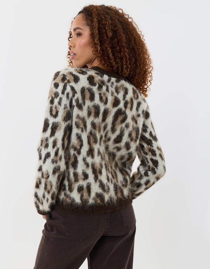 Brushed Knit Crew Neck Jumper in Leopard Print